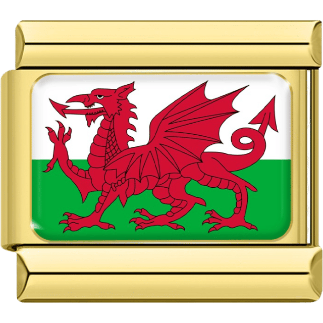 Gold-bordered Italian charm featuring the flag of Wales, with a bold red dragon centered on green and white horizontal fields.